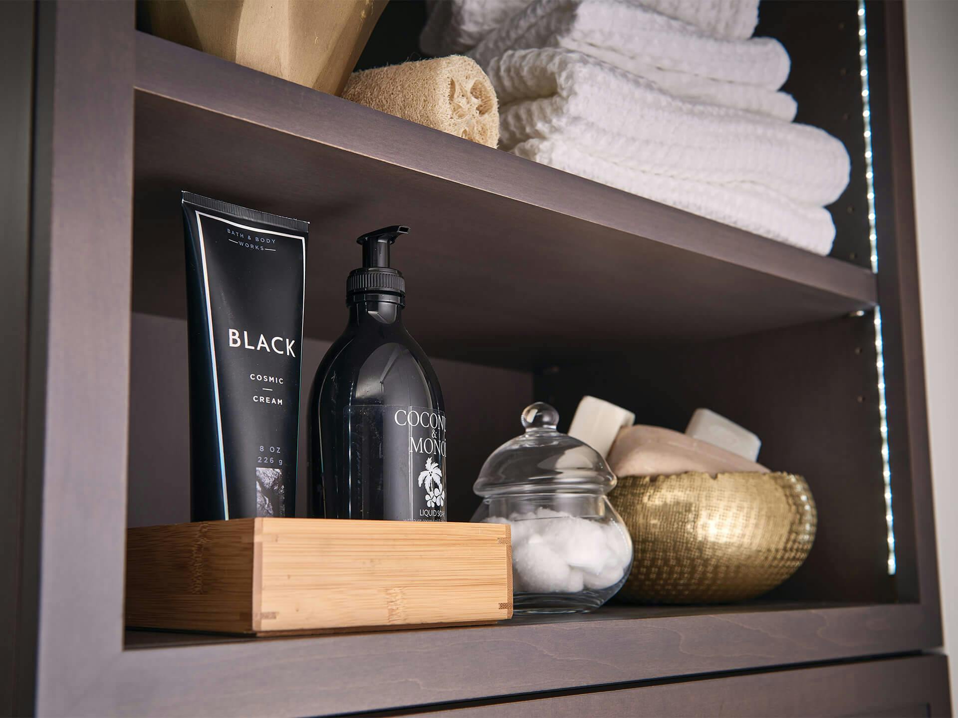 Lifestyle image of a shelf stocked with personal care items 
