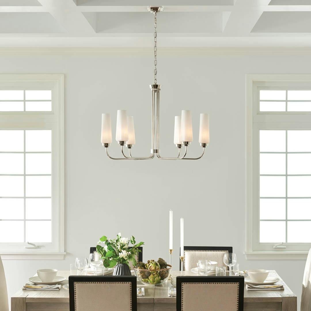 Day time dining room with Truby 6 Light Chandelier Polished Nickel