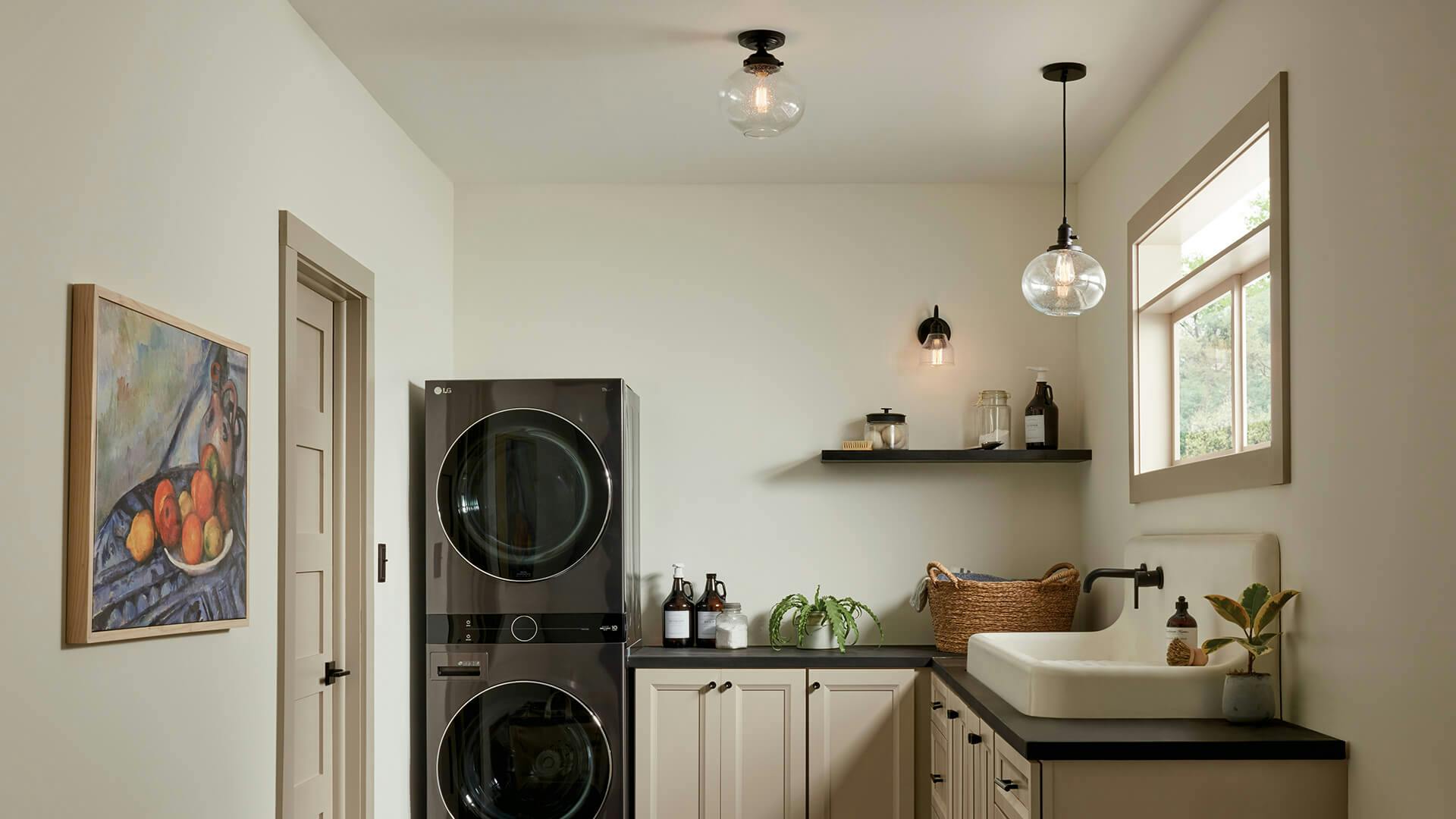 Laundry room during the day with cream accents featuring Avery pendant lights in black finish