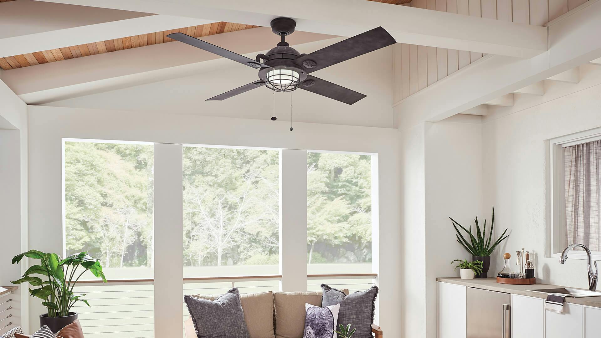 Porch during the day with a Maor ceiling fan in black finish