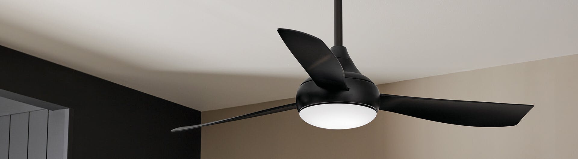 Close-up of an Ample ceiling fan mounted in an indoor space