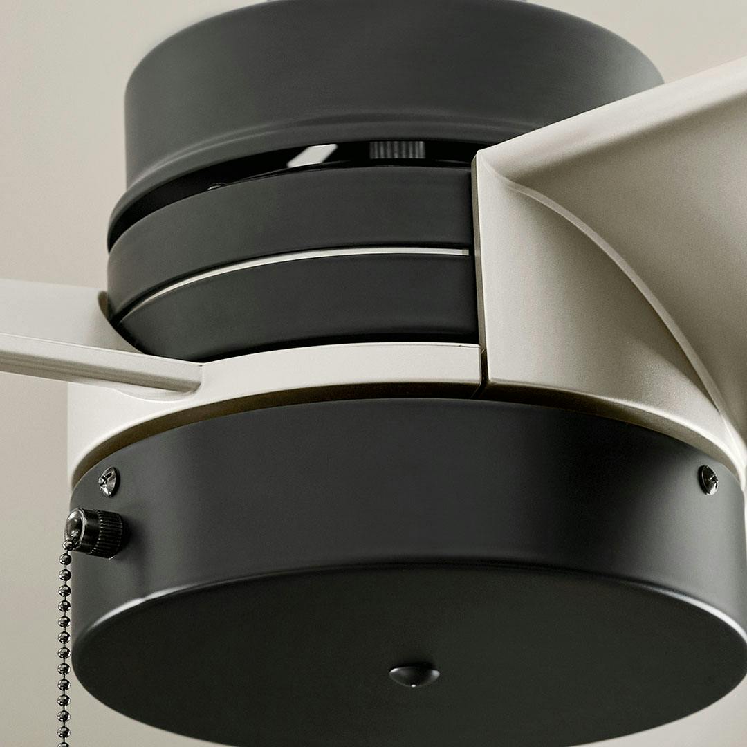 Close up view or the 52 Inch Spyn Lite Fan in Satin Black with Silver Blades