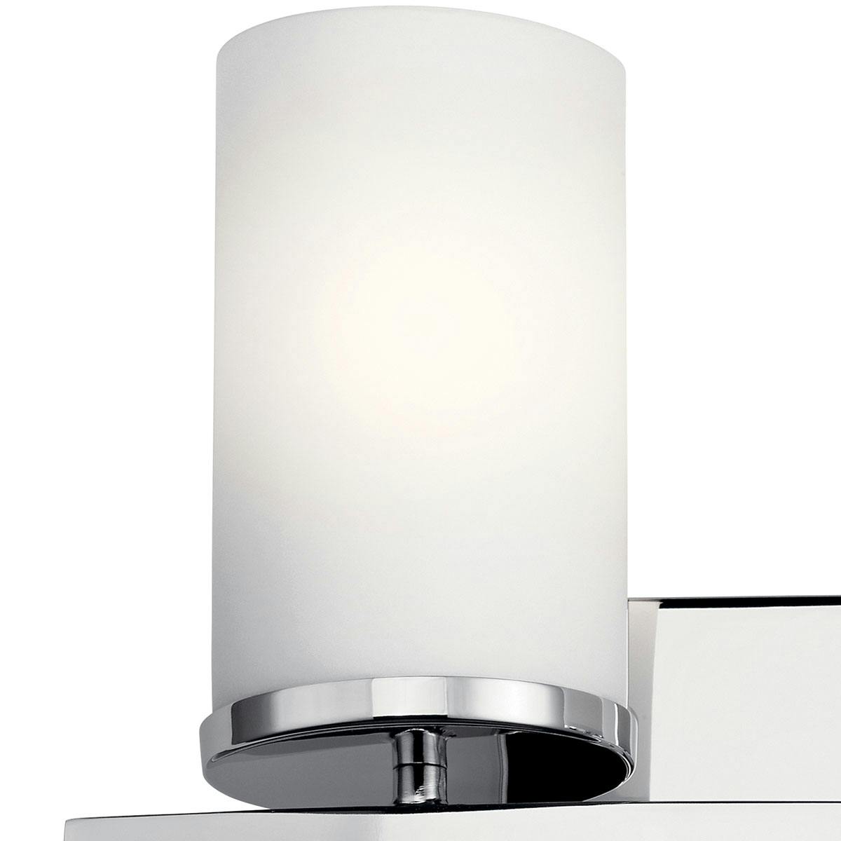 Close up view of the Crosby 2 Light Bath Light Chrome on a white background