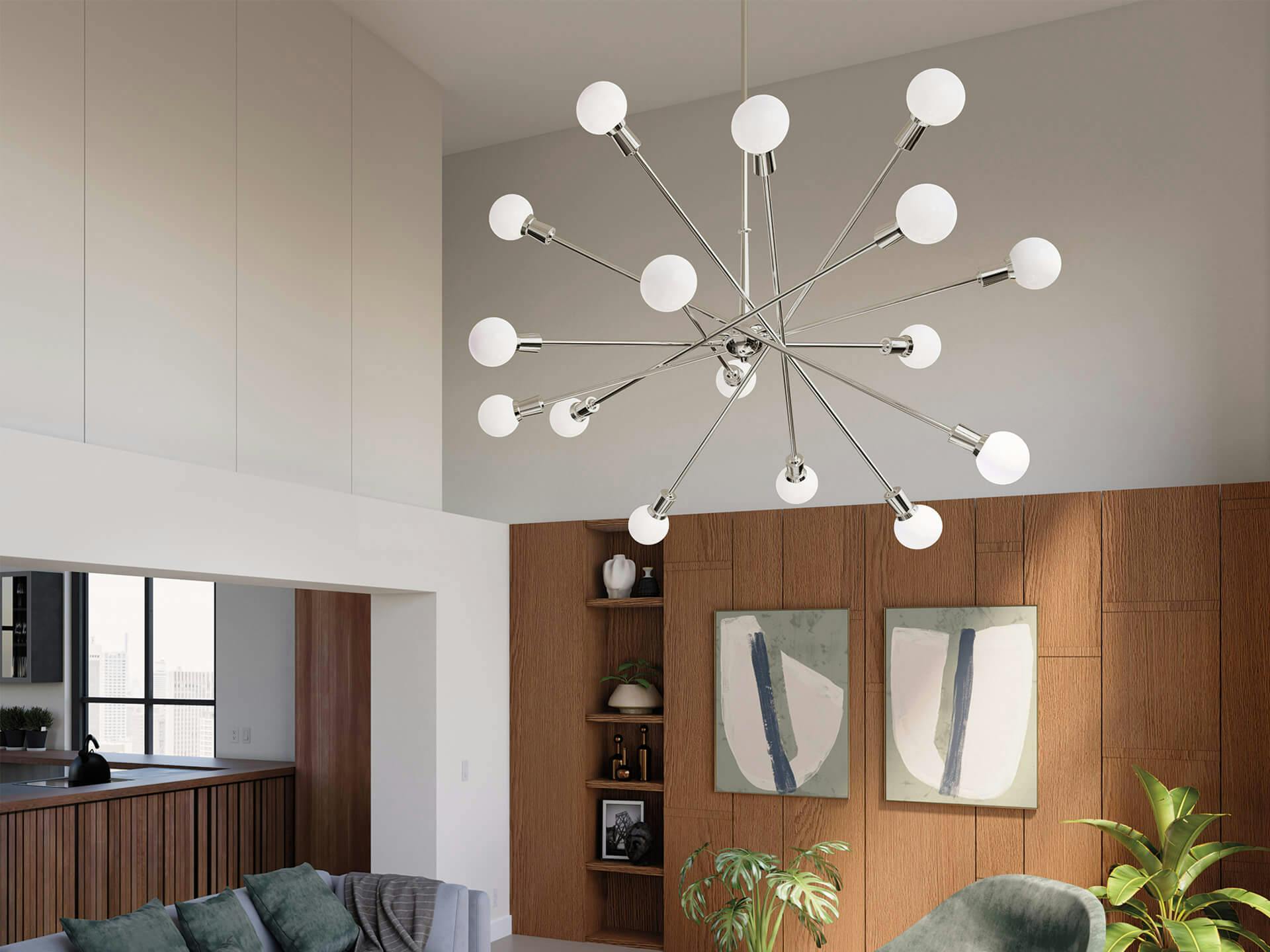 Modern living room with wood wall and Armstrong 16-light chrome chandelier