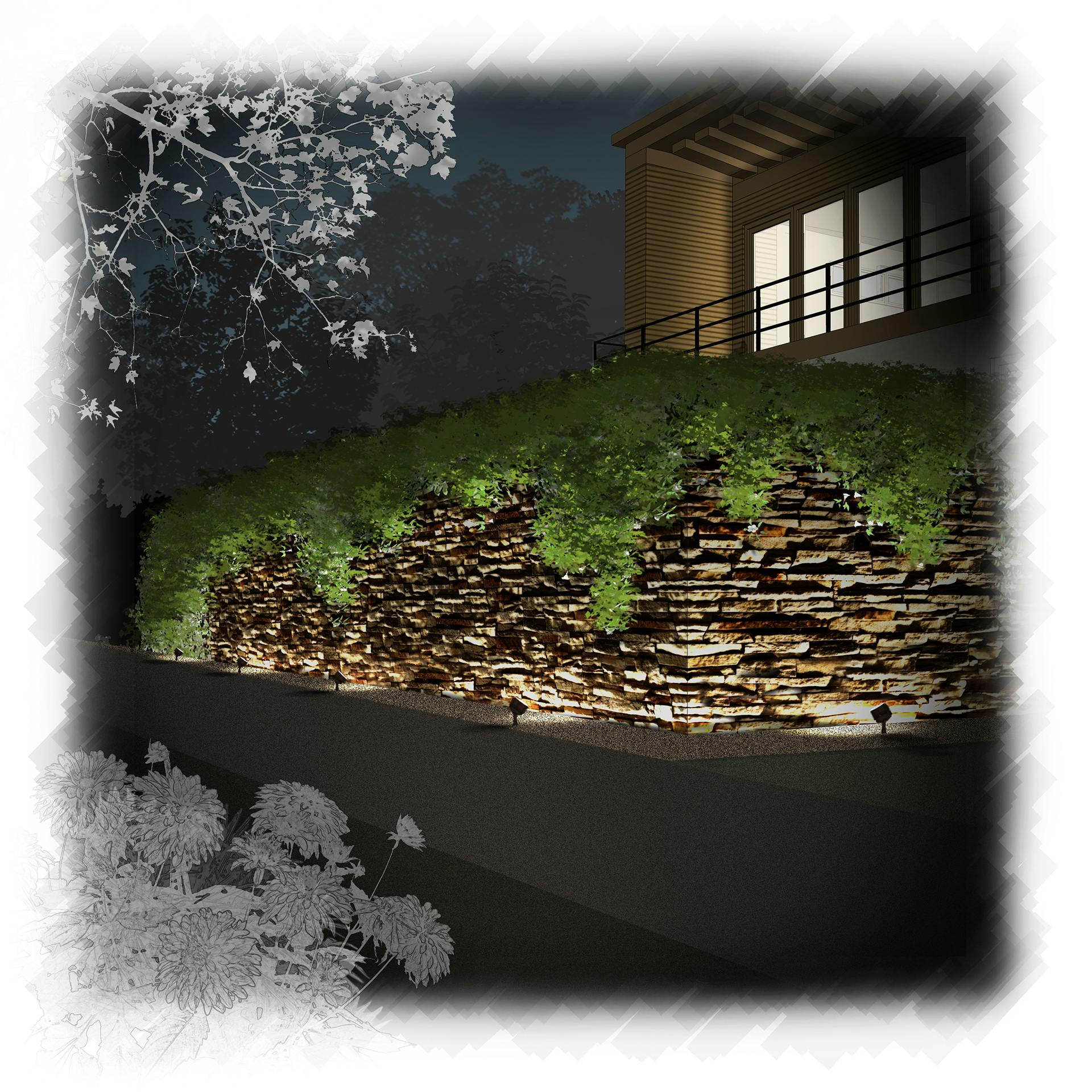 Illustration of a stone fence at night with up lighting