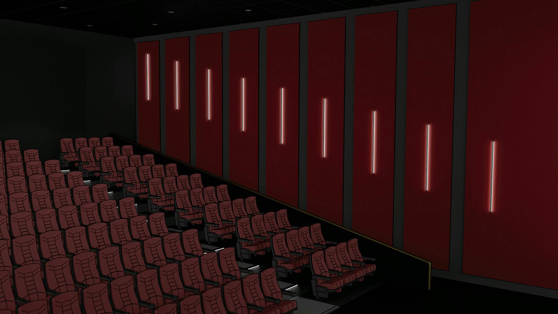 Movie theatre with sconce tape lighting lining the walls