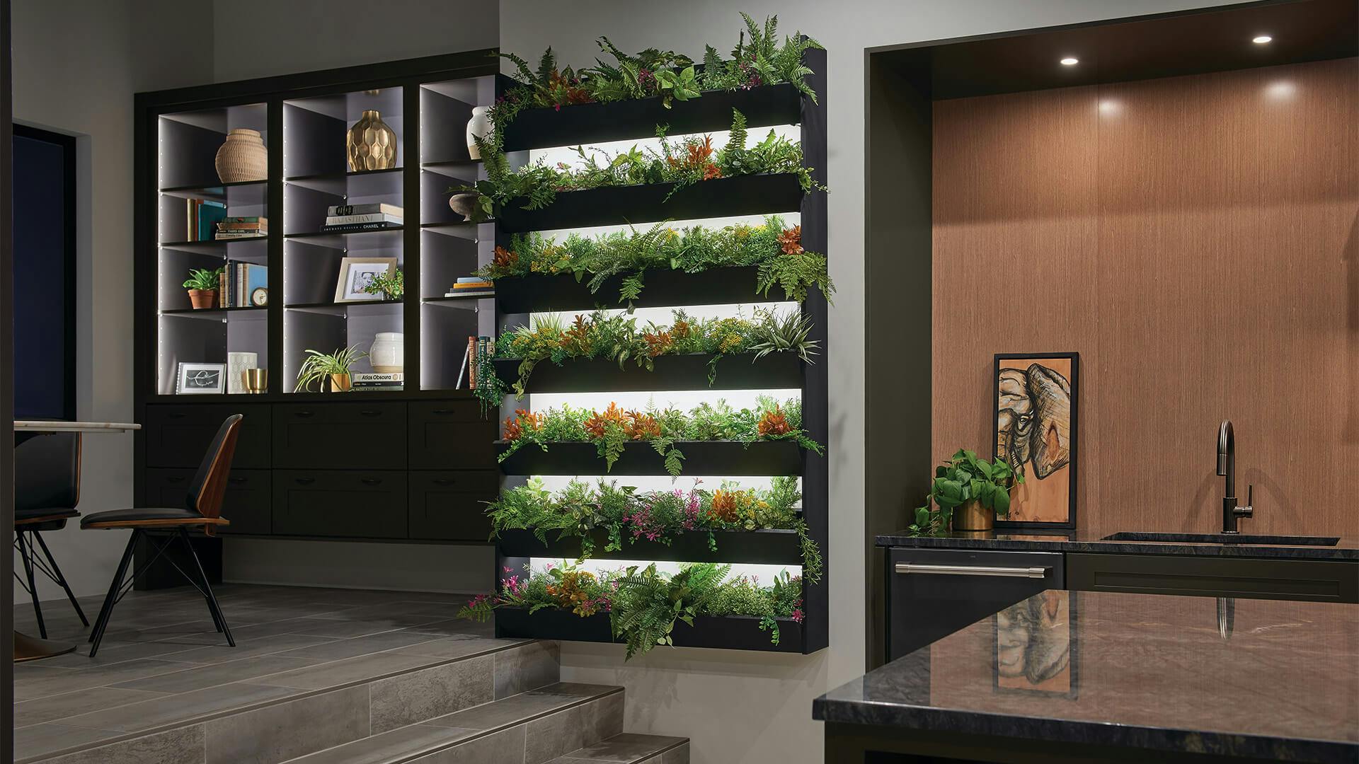 Modern kitchen featuring a hydro wall shelf garden with variety of cabinet and shelf lighting