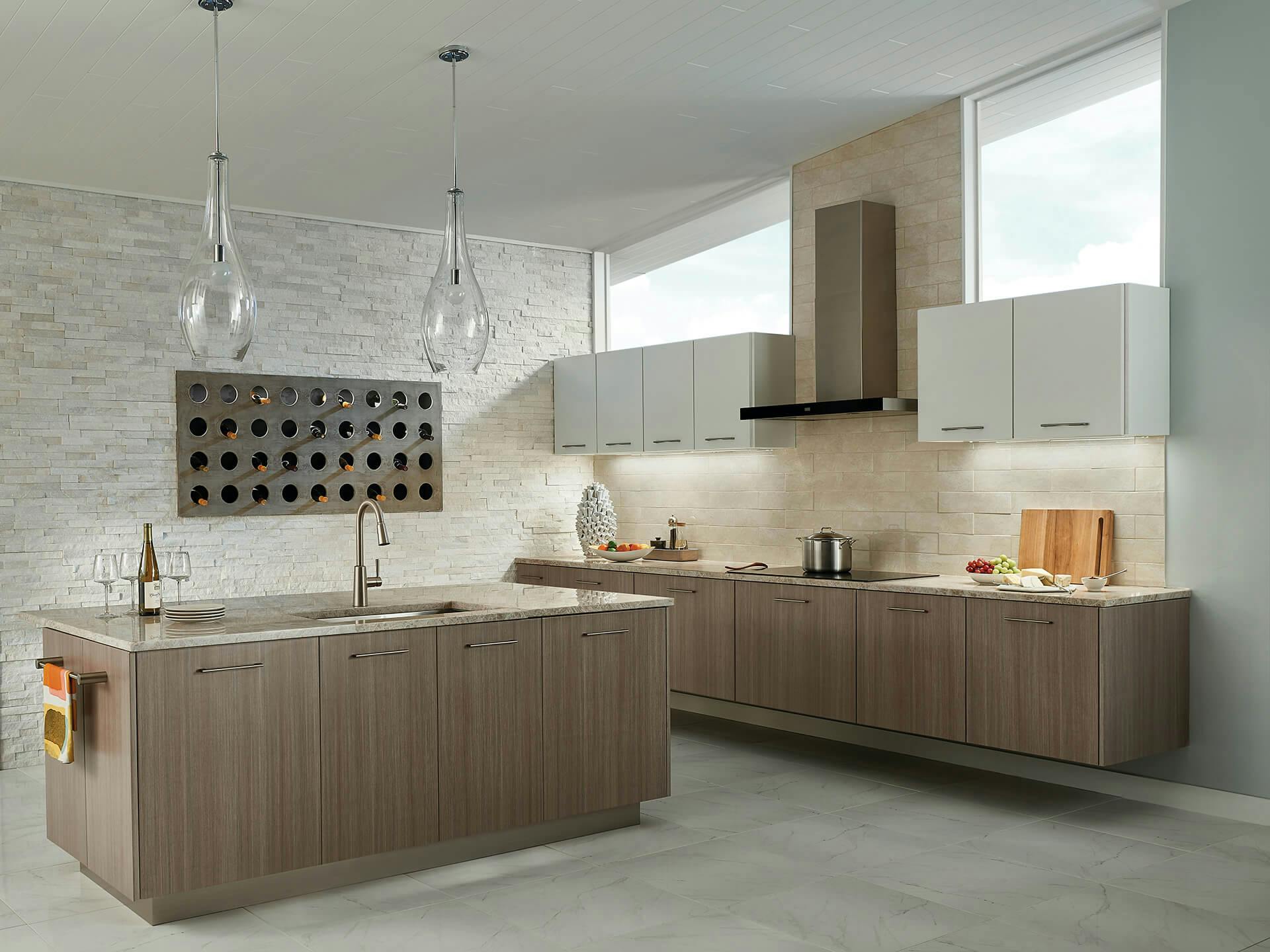 Kitchen with two lit 8U LED 3000K Under Cabinet lights and two Everly pendants