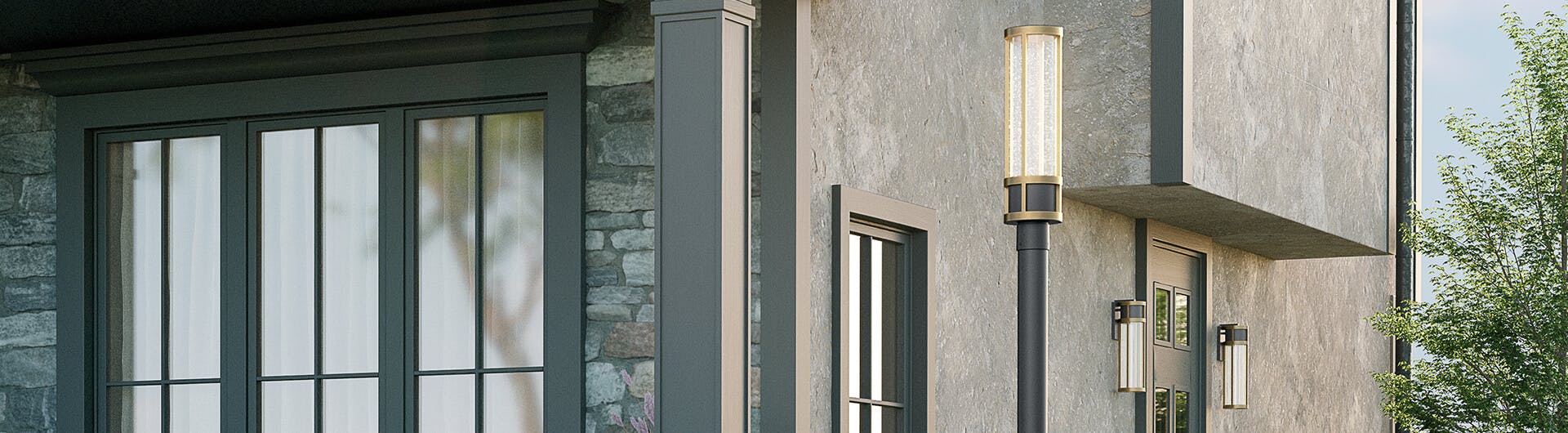 Exterior featuring a Camillo post light near the the corner and two wall lights around the door, both in black with natural brass 