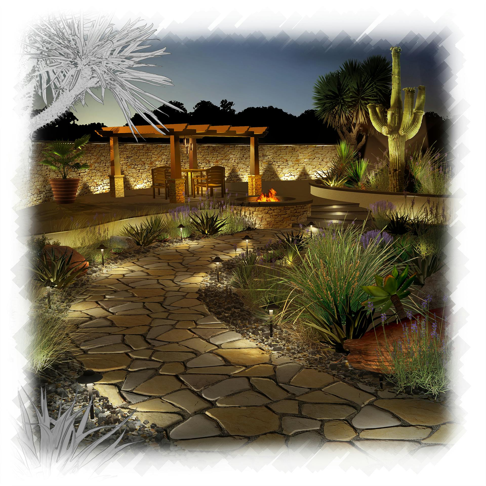 Illustration of a desert backyard garden with lit path at night