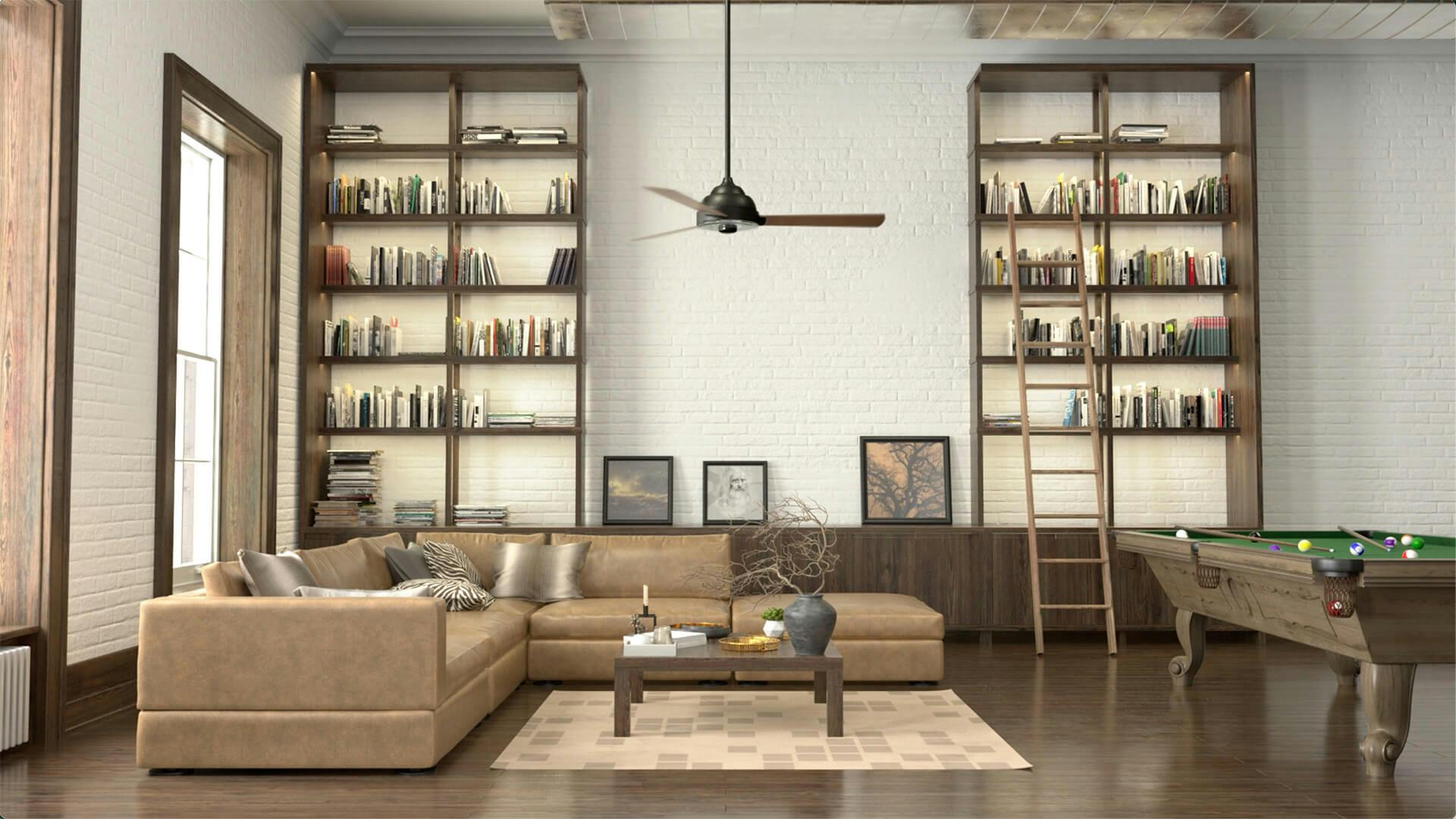 Living room with tall ceilings and floor to ceiling bookshelves featuring a Pinion ceiling fan in black finish