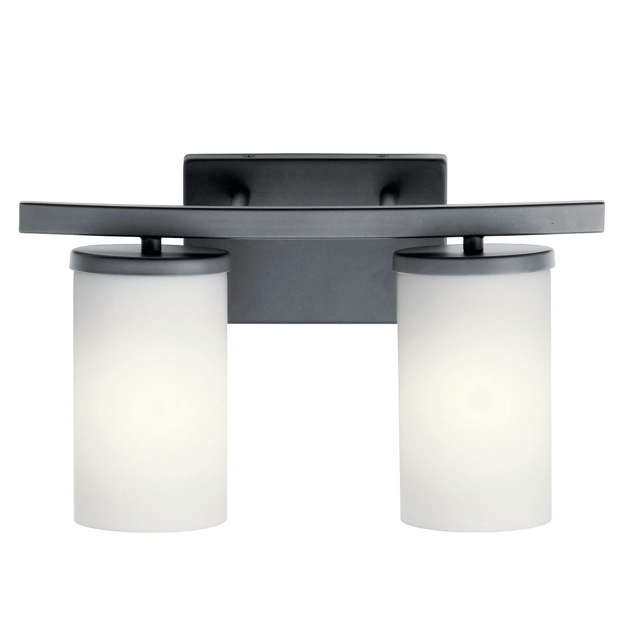 The Crosby 2 Light Vanity Light Black facing down on a white background