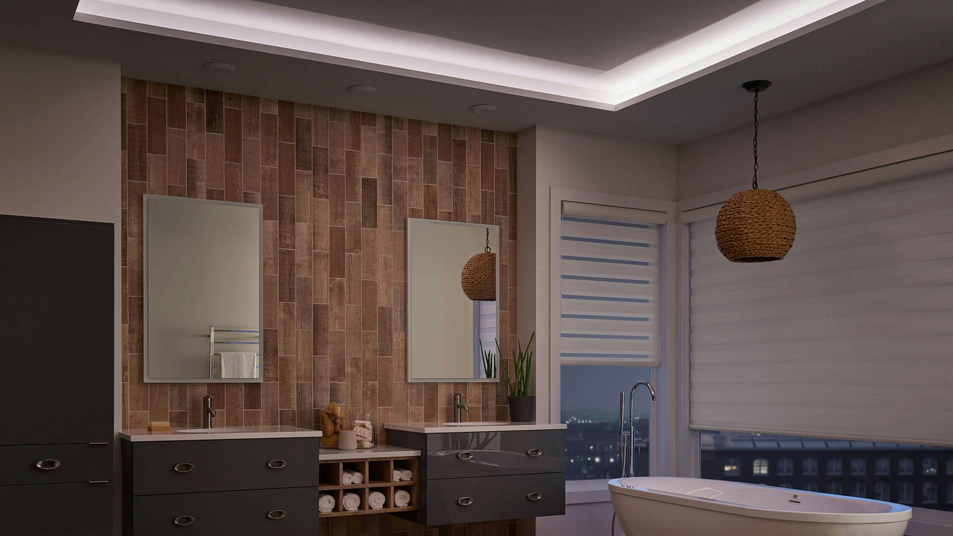 Bathroom lit by tape lighting along the ceiling alcove