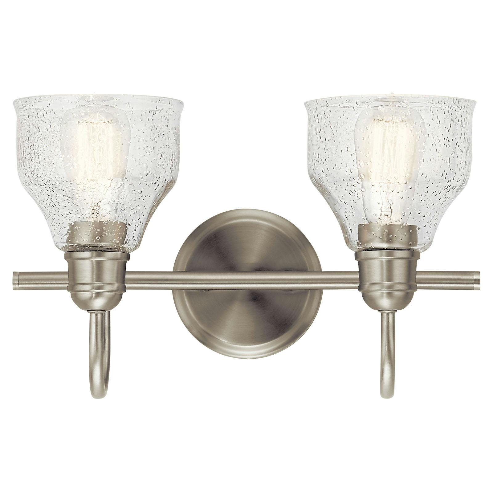 The Avery 2 Light Vanity Light Brushed Nickel facing up on a white background