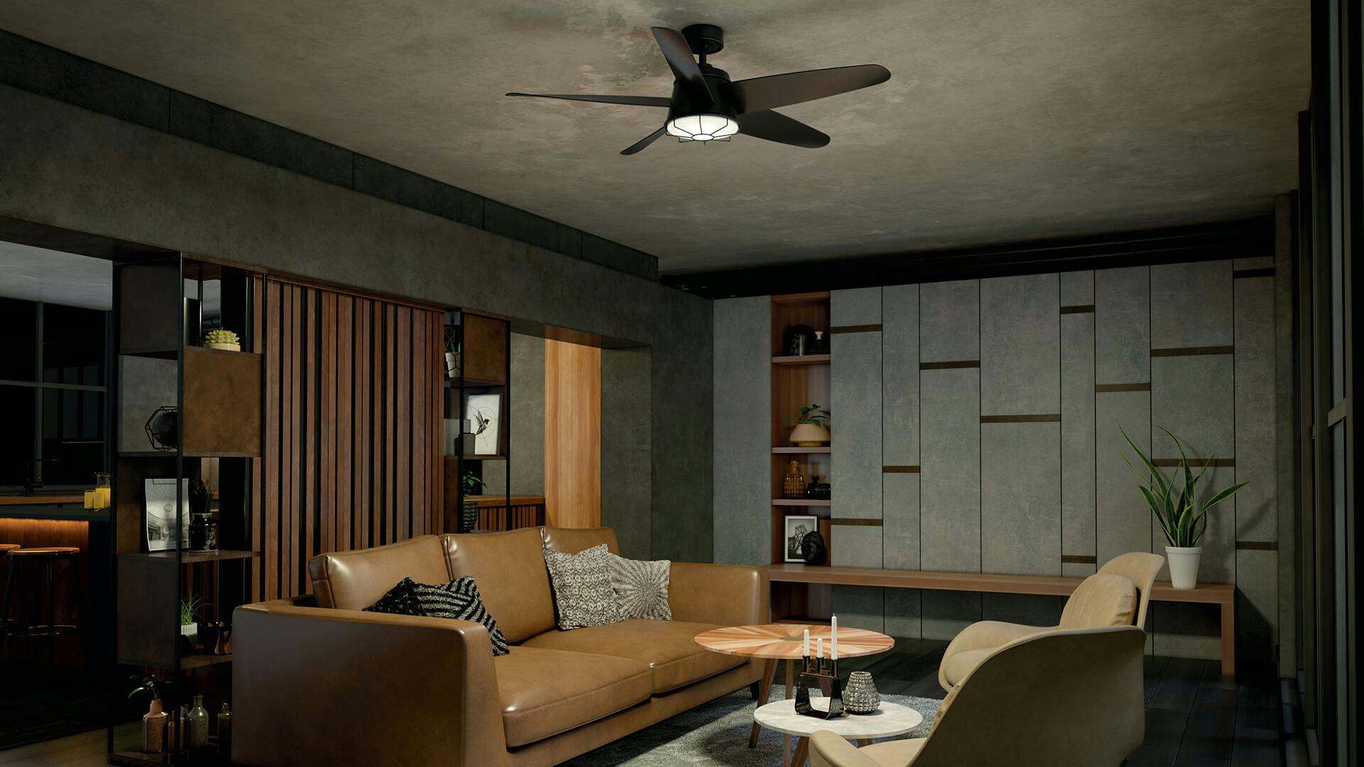 Retro style paneled walled room with a leather couch and featuring a Daya ceiling fan at night