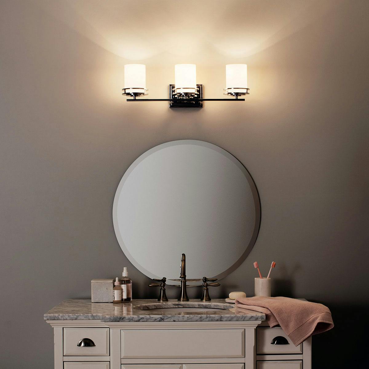 Night time Bathroom featuring Hendrik vanity light 5078CH