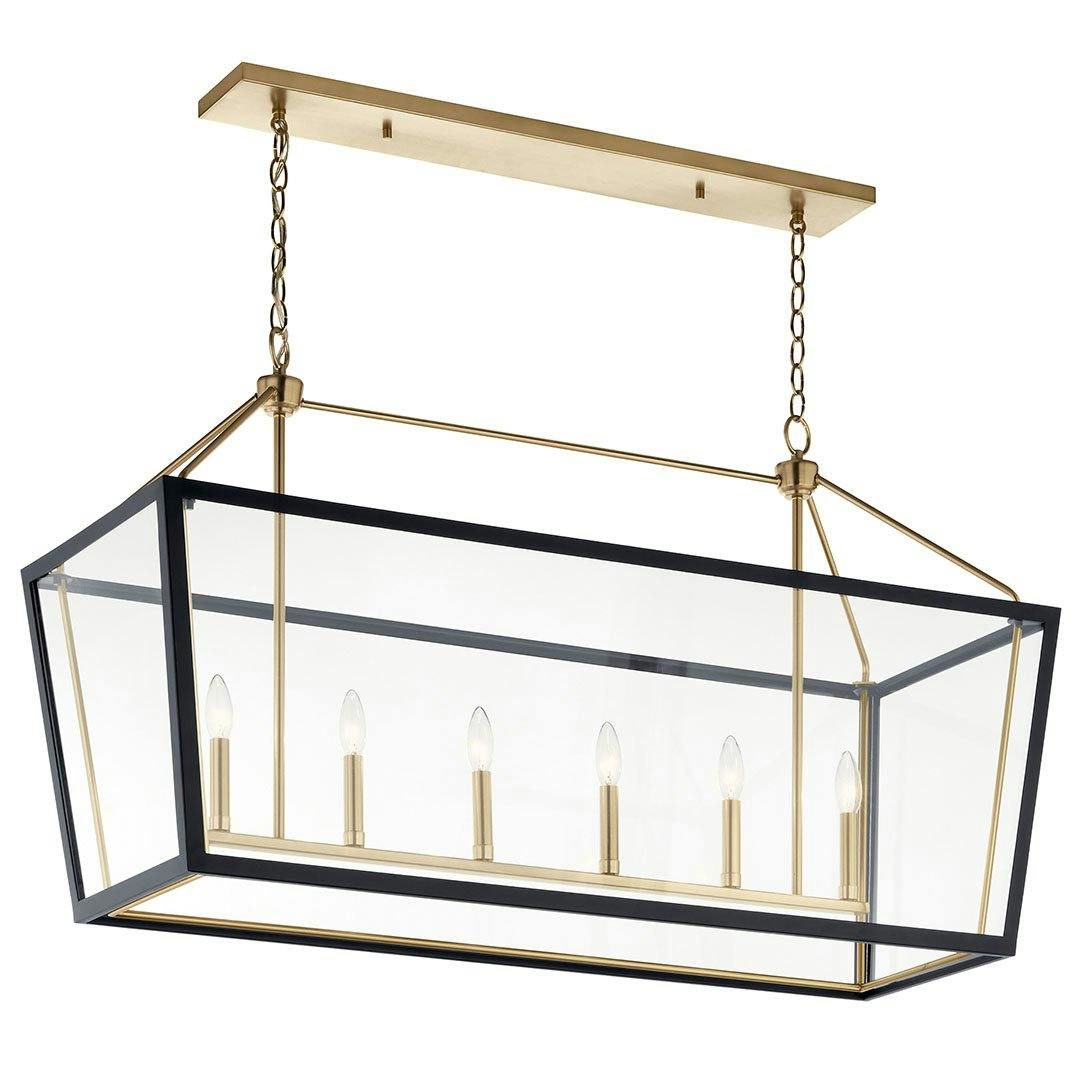 The Delvin 44 Inch 6 Light Linear Chandelier with Clear Glass in Champagne Bronze and Black on a white background