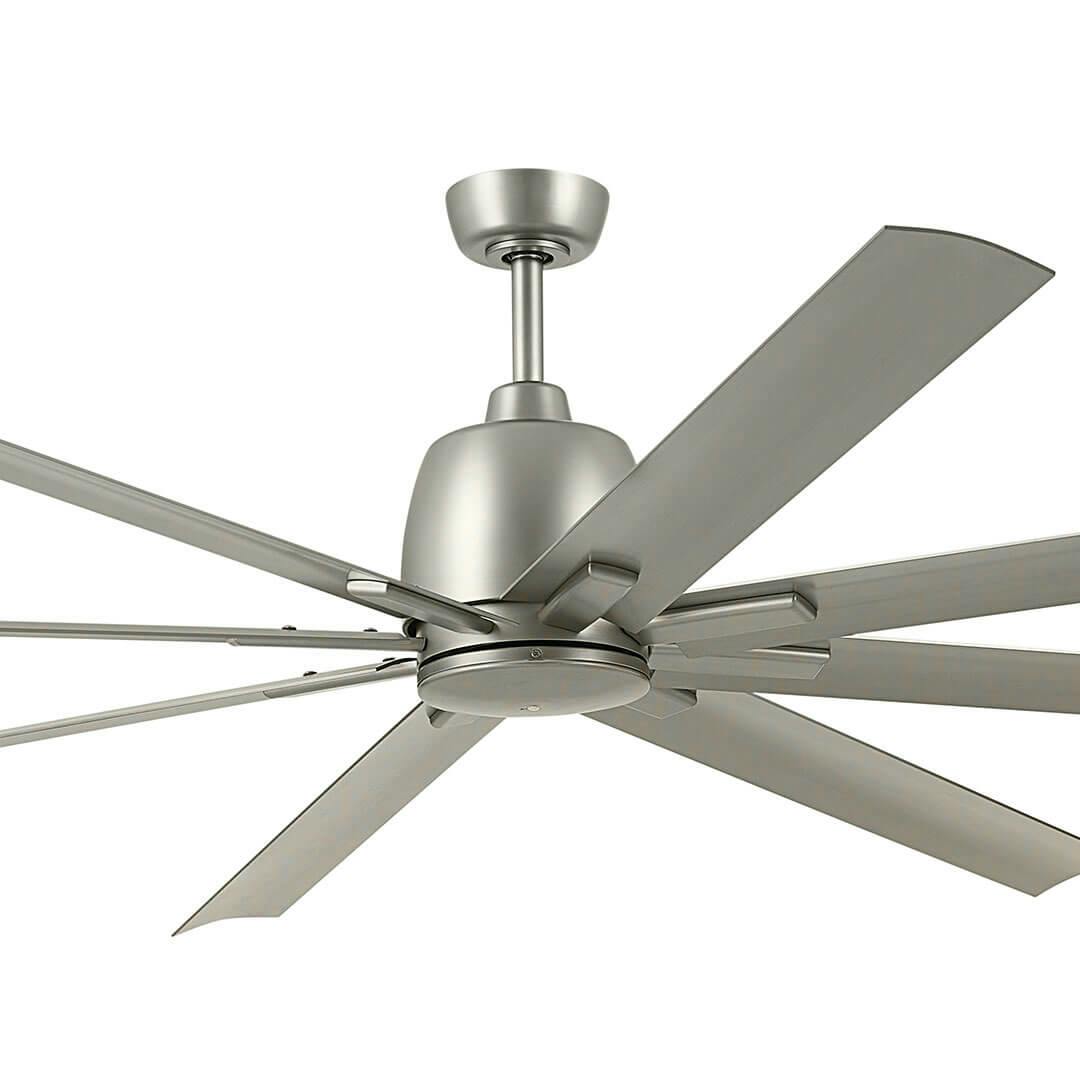 Close up of the 84" Breda 8 Blade Ceiling Fan in Brushed Nickel with Brushed Nickel Blades on a white background