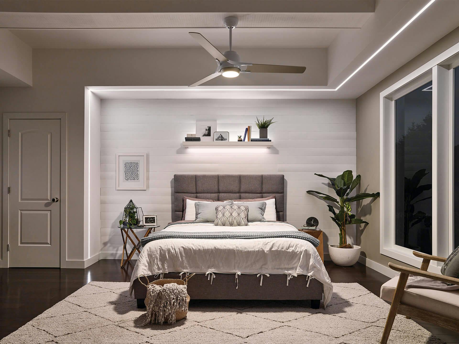 Bedroom at night with a Zeus ceiling fan