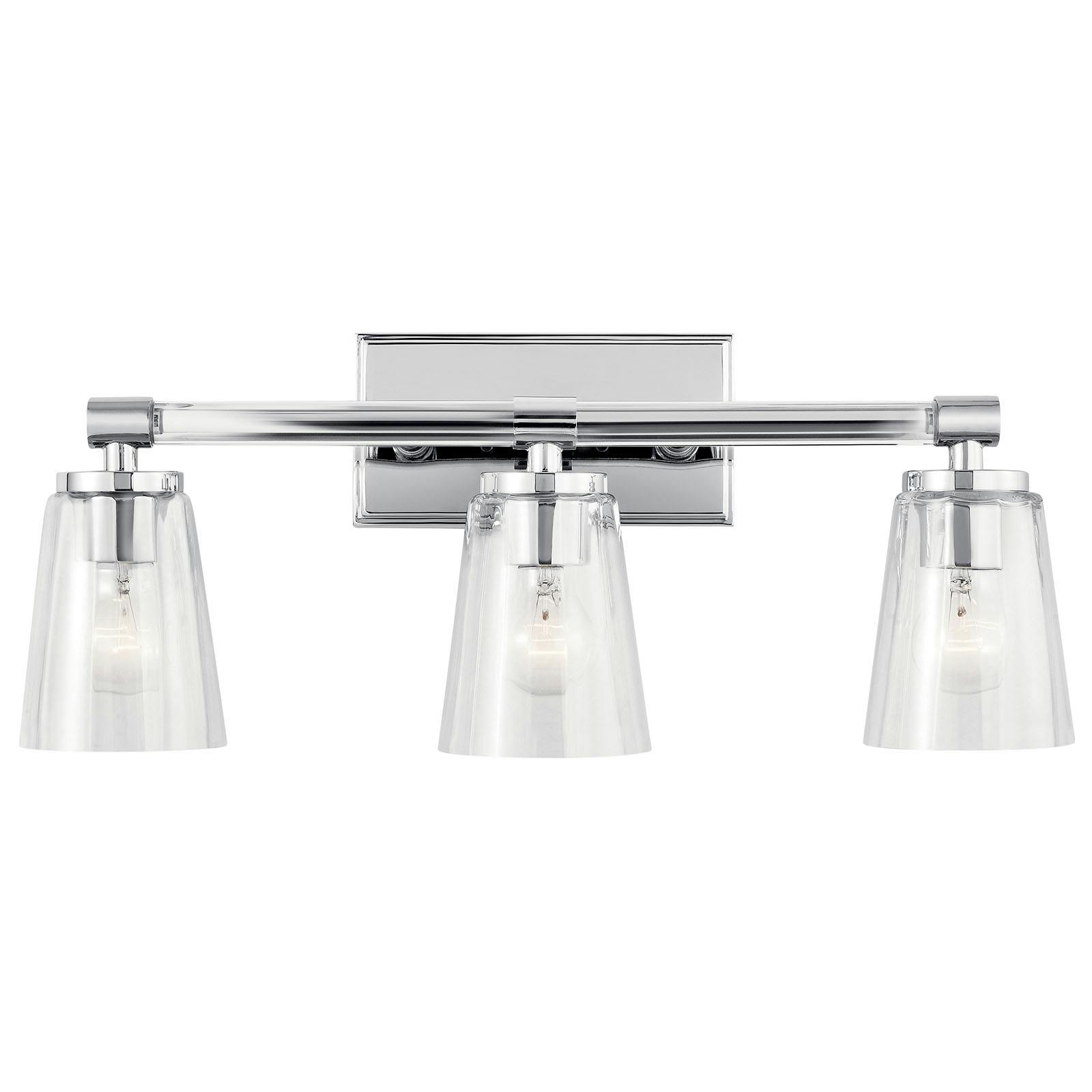 The Audrea™ 3 Light Vanity Light Chrome facing down on a white background