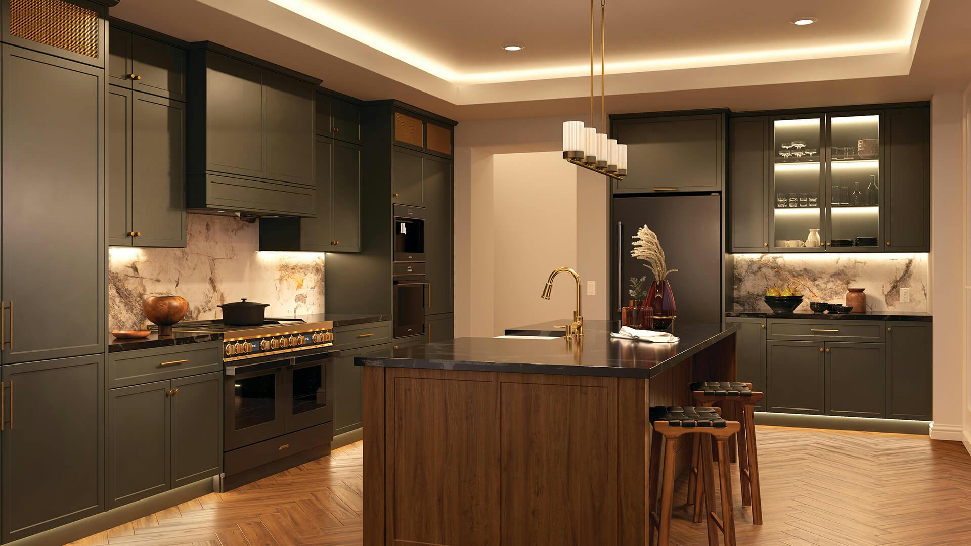 Warm kitchen with channel lighting lining the ceiling