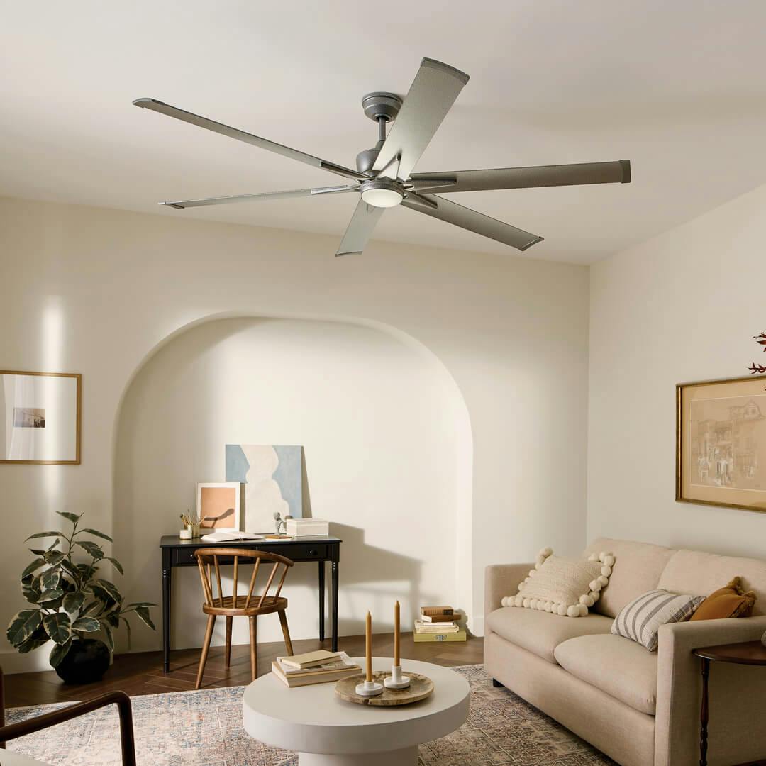 Day time living room with the Szeplo™ II LED 80" Fan Weathered Steel
