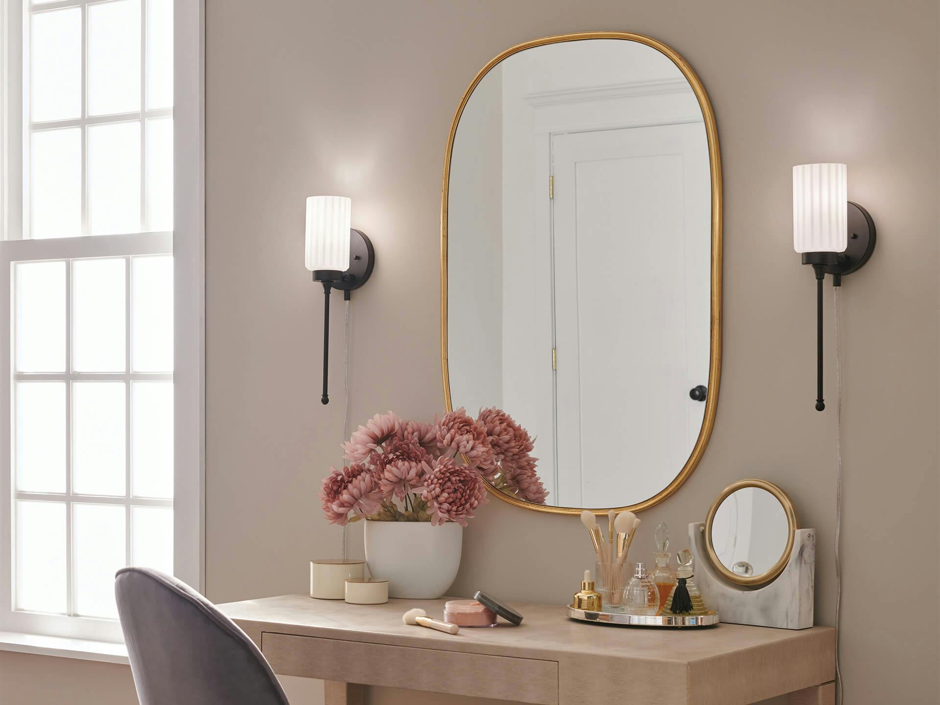 Bedroom vanity with Thelma wall sconces