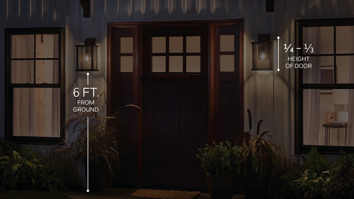 Front of a home at night with measurements illustrating the wall sconces are 6 feet from the ground and the size of the sconces are one fourth to one third of the door's height