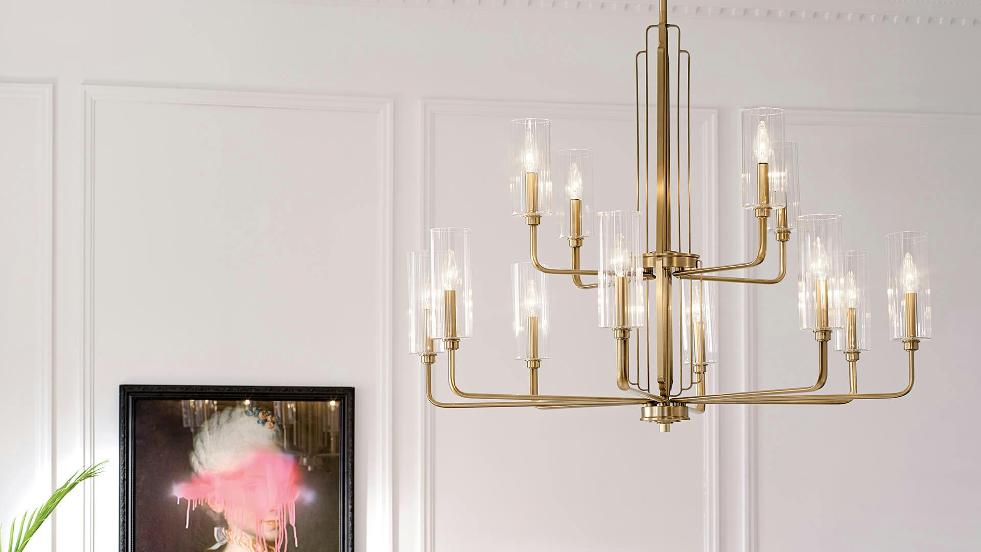 Close up of a Kimrose chandelier in gold finish