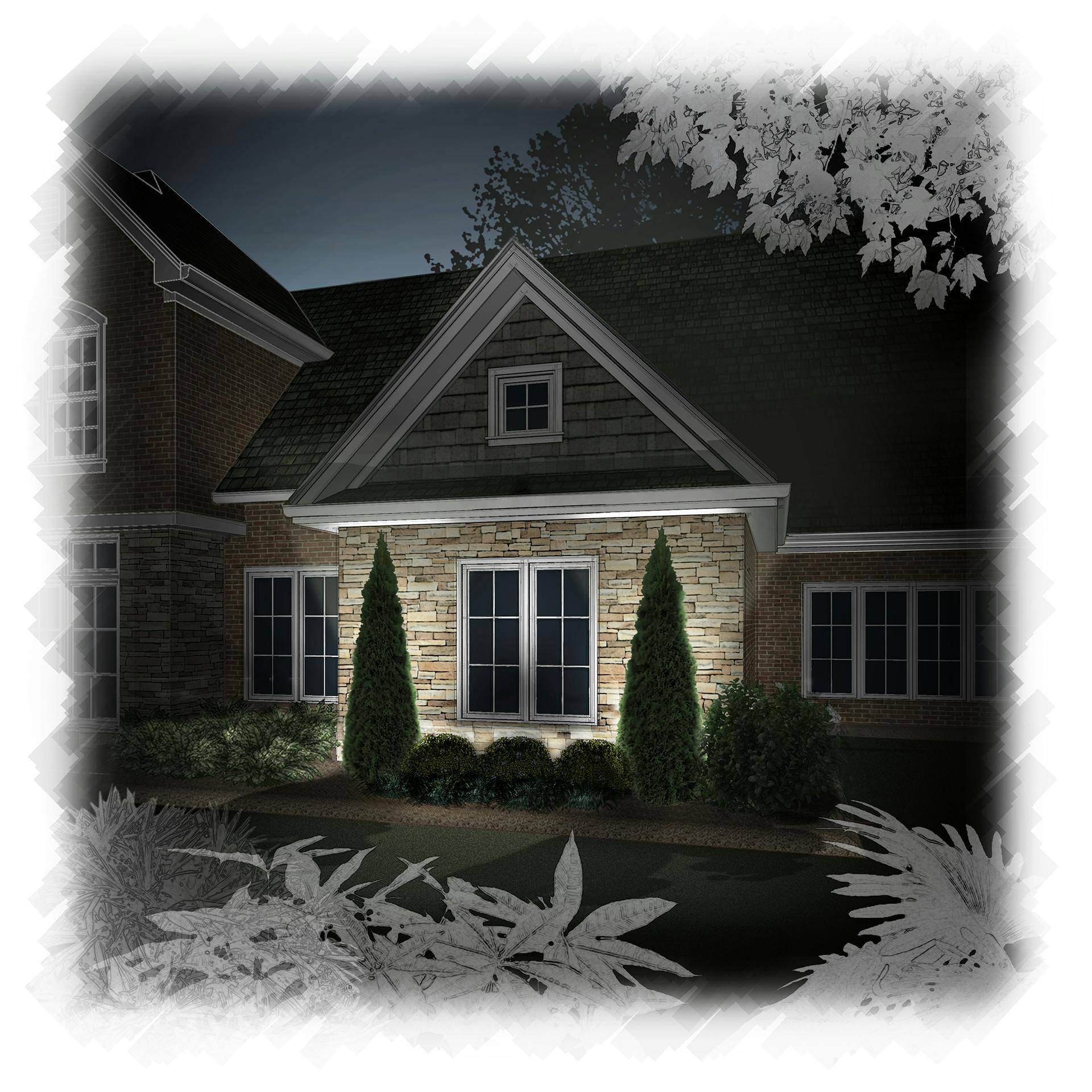 Illustration of an exterior of a home with lights behind tall shrubs, aiming directly at the wall of the home