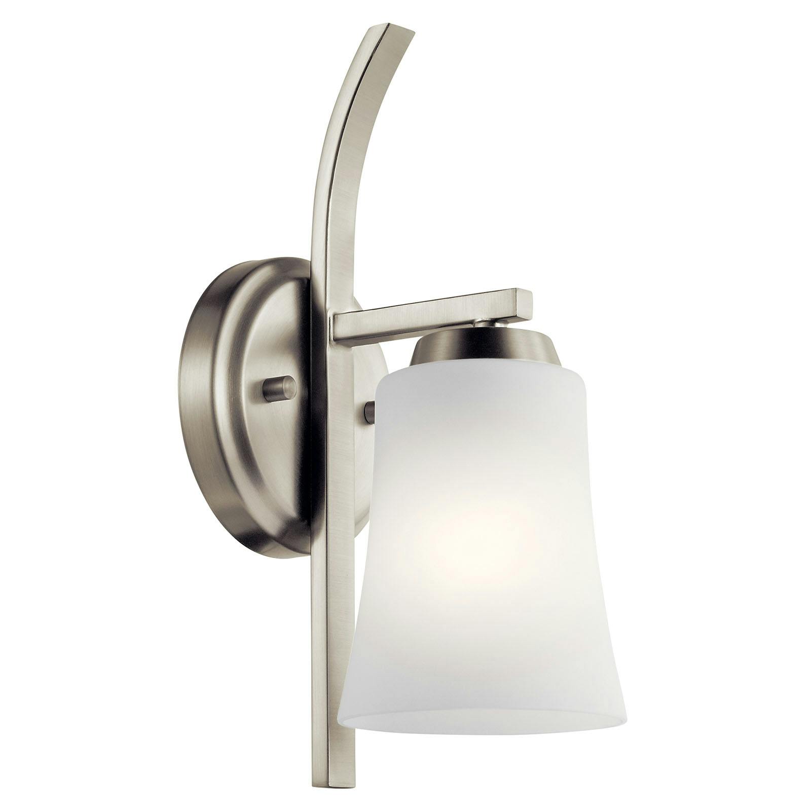 The Tao 1 Light Wall Sconce Brushed Nickel facing down on a white background