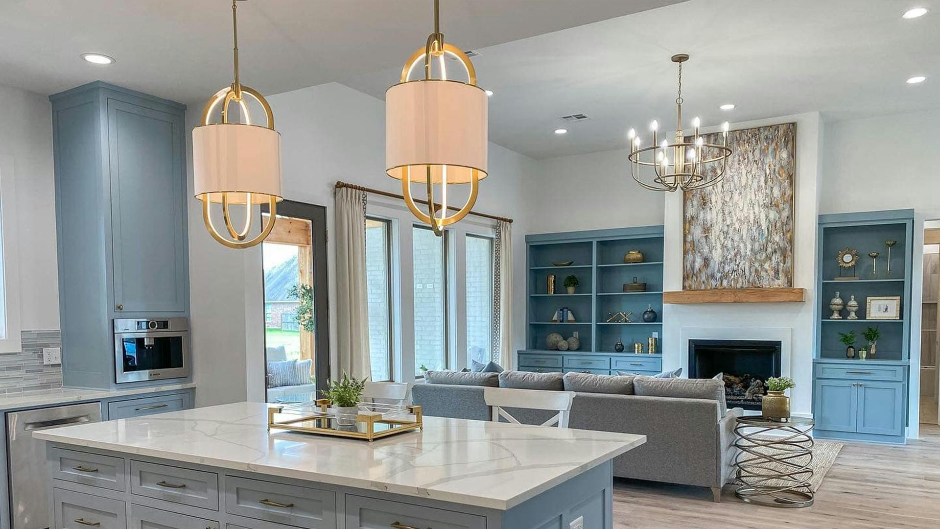 Kitchen and Living room filled with Kichler lights for St. Jude Dream Home Giveaway