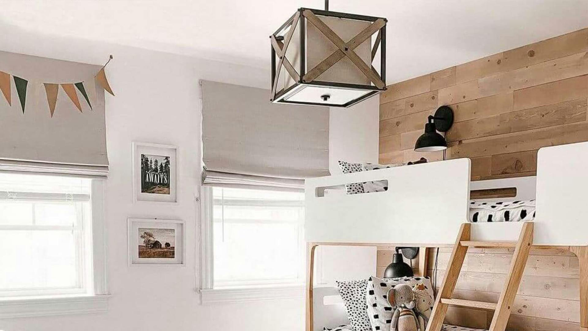 Child's bedroom with square semi flush light and bunkbeds
