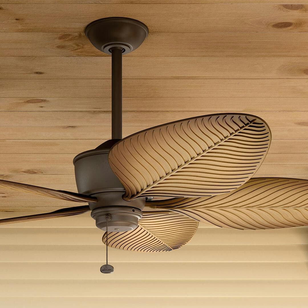 Porch with the 56" Nani 5 Blade Weather+ Outdoor Ceiling Fan in Satin Natural Bronze and Ivory with Walnut Blades