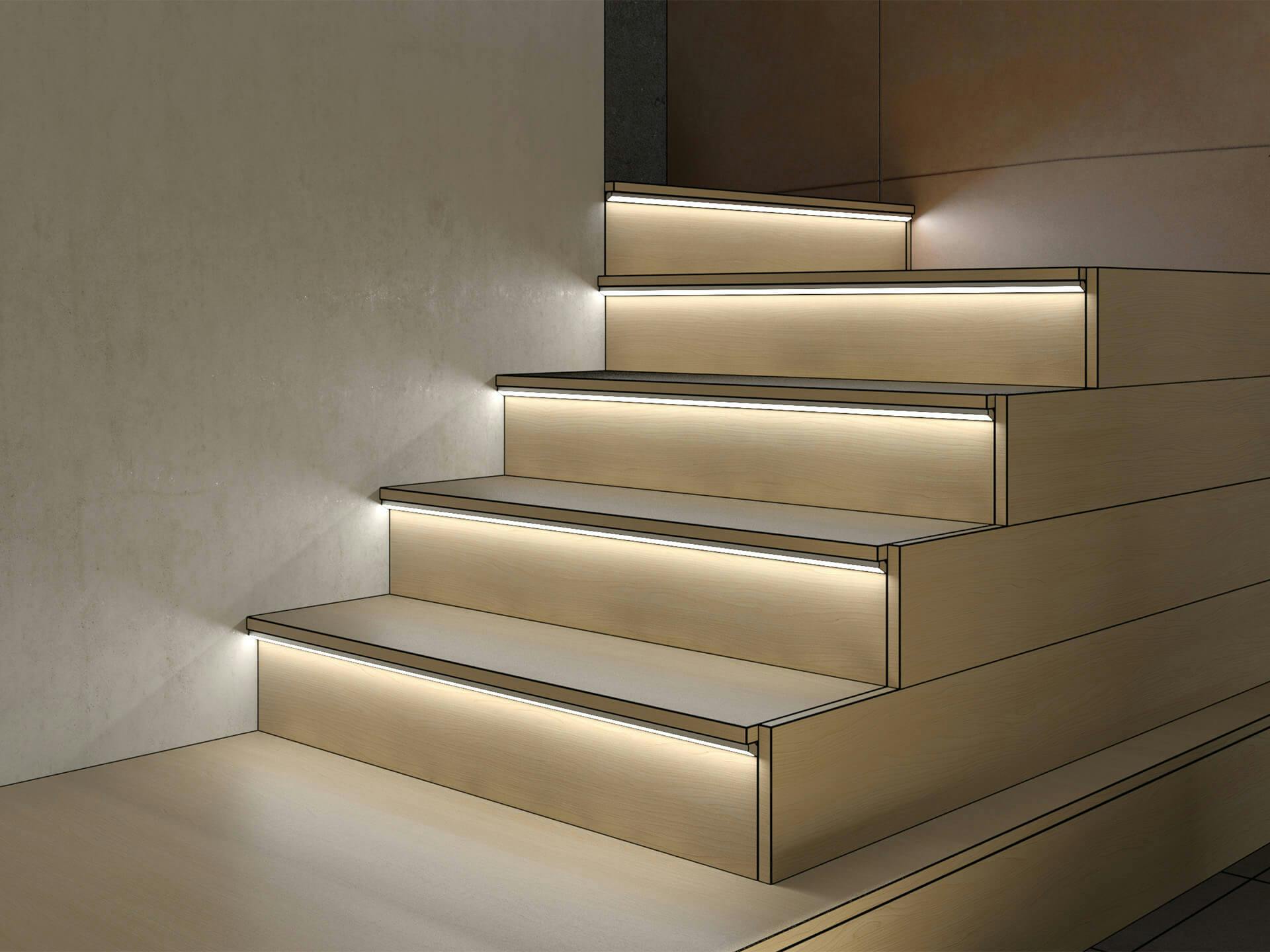 Close up of staircase with channel lights on each step