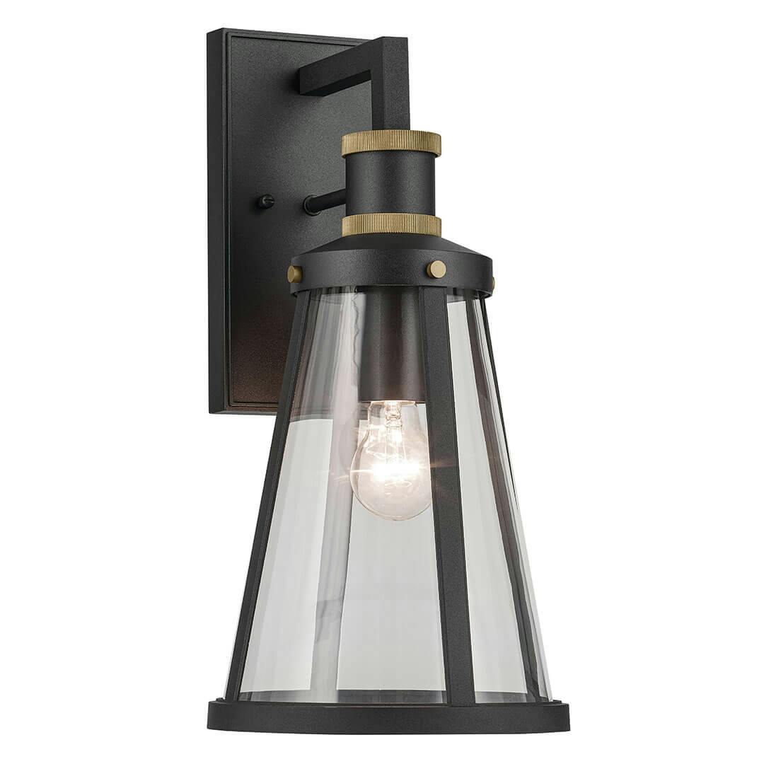 The Talman 18" 1 Light Outdoor Wall Light with Clear Glass in Textured Black and Natural Brass on a white background