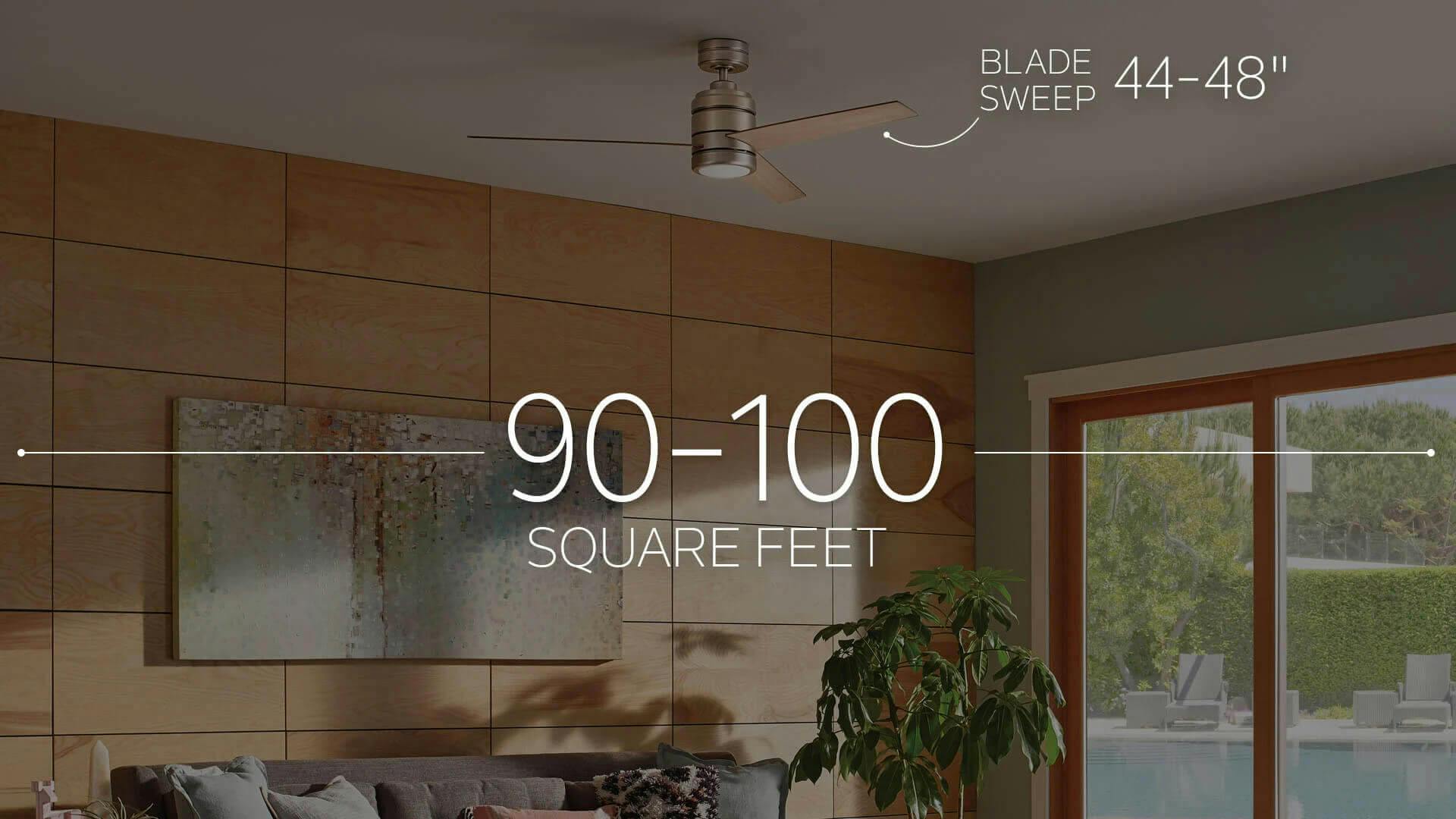 Room size example, blade sweep 44-48" in a 90-100 square feet space.