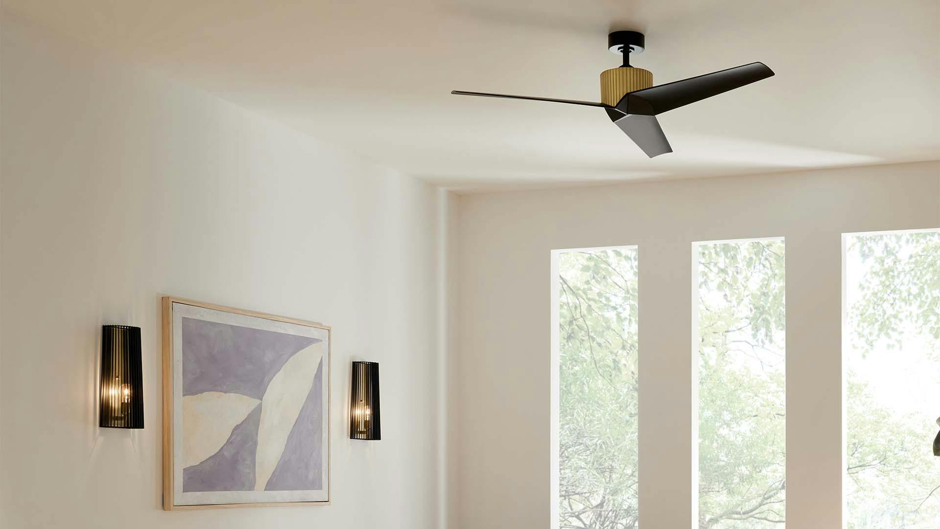 Living room with Almere ceiling fan in natural brass.