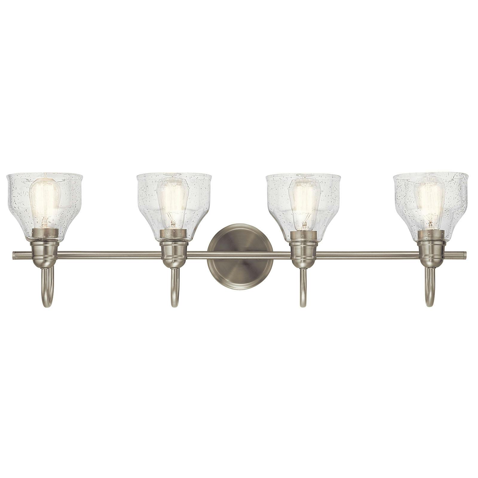 The Avery 4 Light Vanity Light Brushed Nickel facing up on a white background