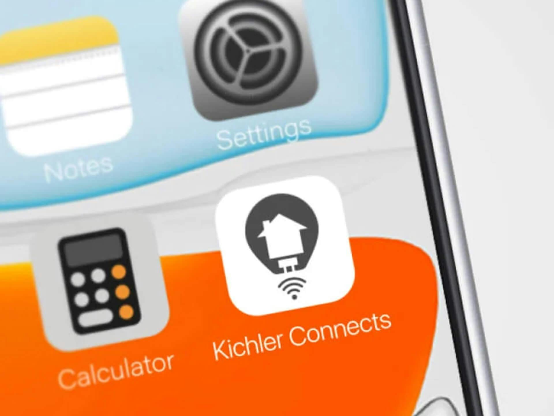 Part of an iPhone featuring the Kichler Connects app tile