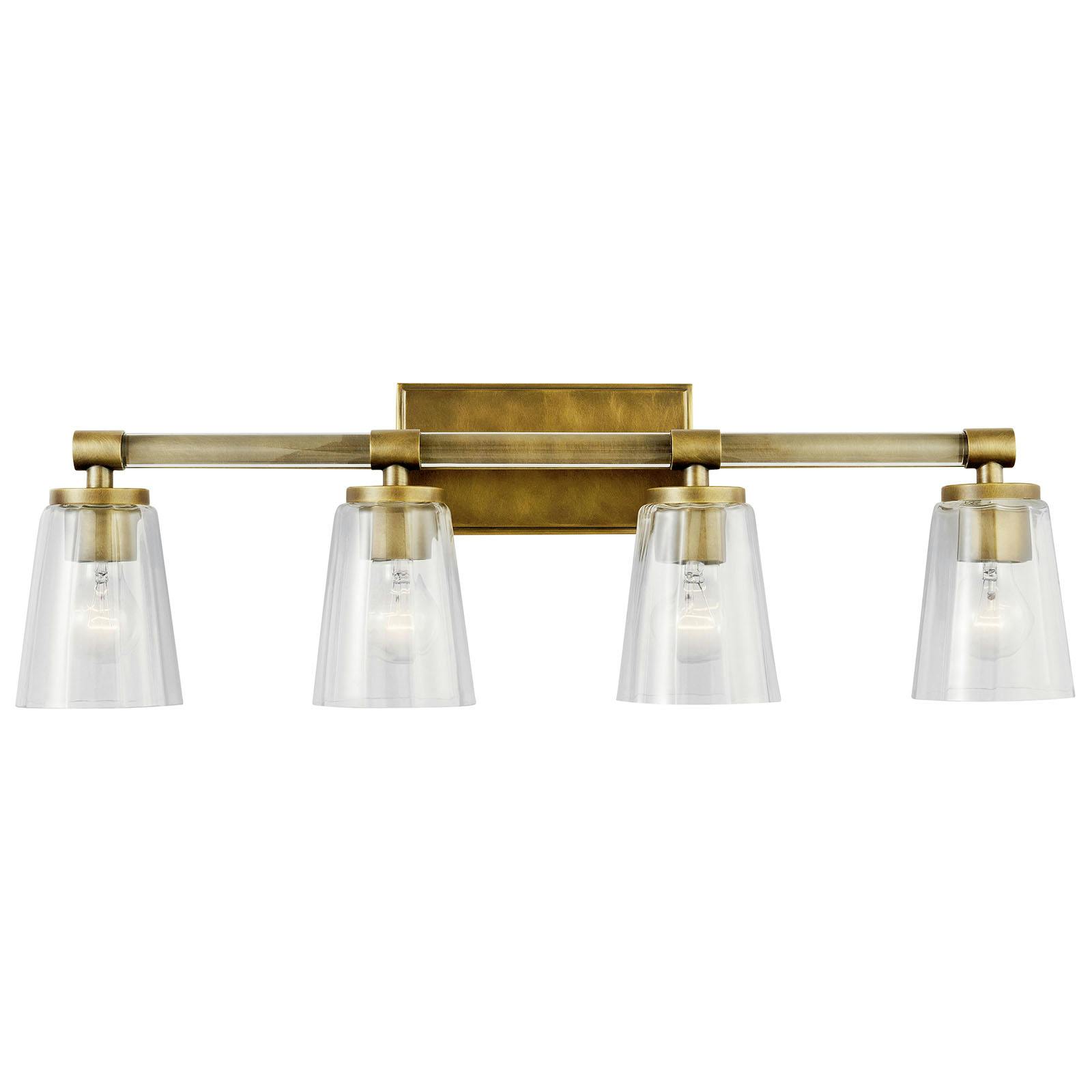 The Audrea 4 Light Vanity Light Natural Brass facing down on a white background