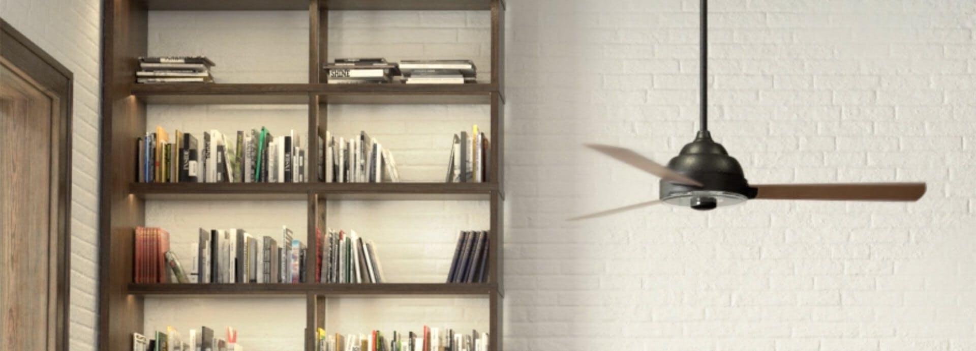 Pinion ceiling fan beside a floor to ceiling wood book shelf