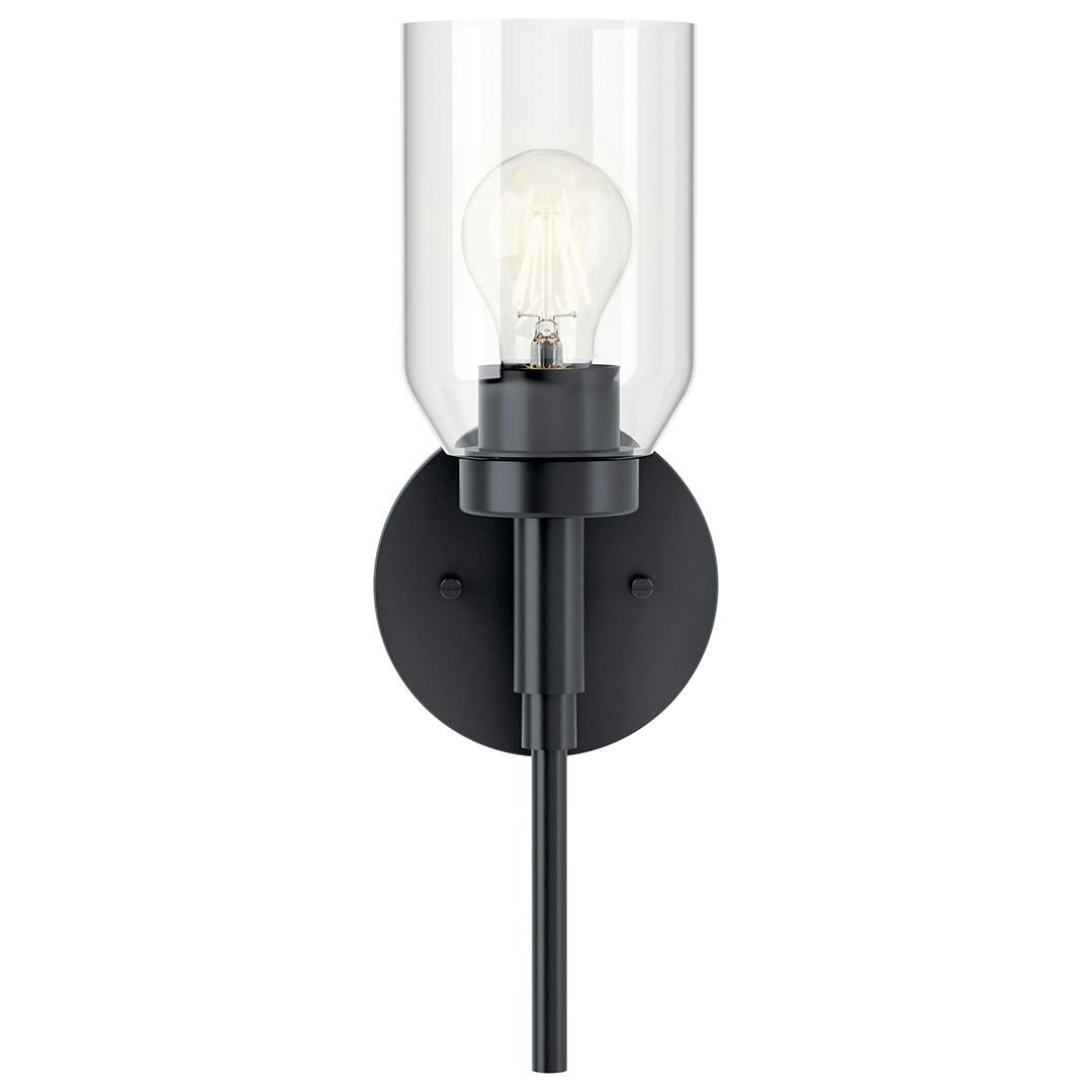 Front view of the Madden 14.75 Inch 1 Light Wall Sconce with Clear Glass in Black on a white background