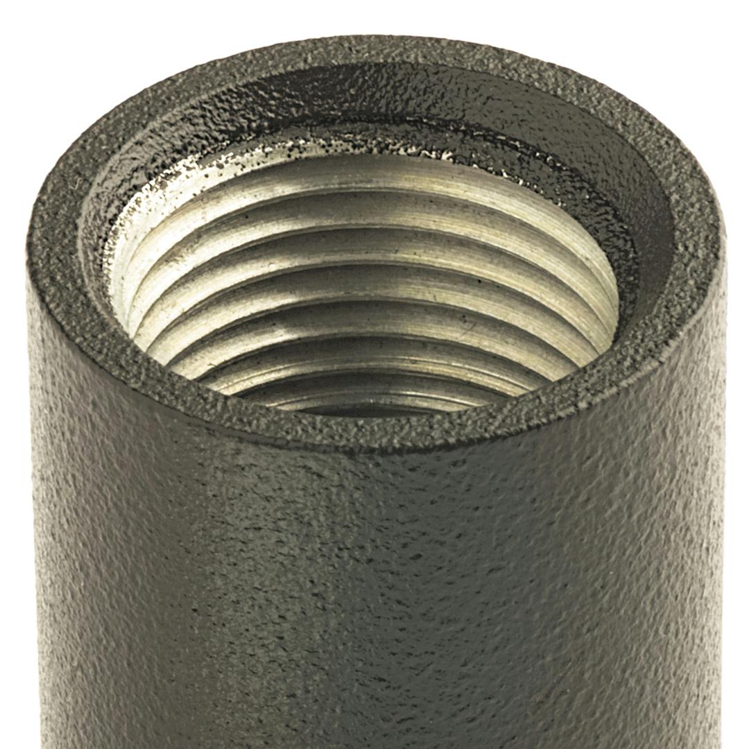 Close up of 1.5" Stem Coupler .5 NPSM Textured Black on a white background