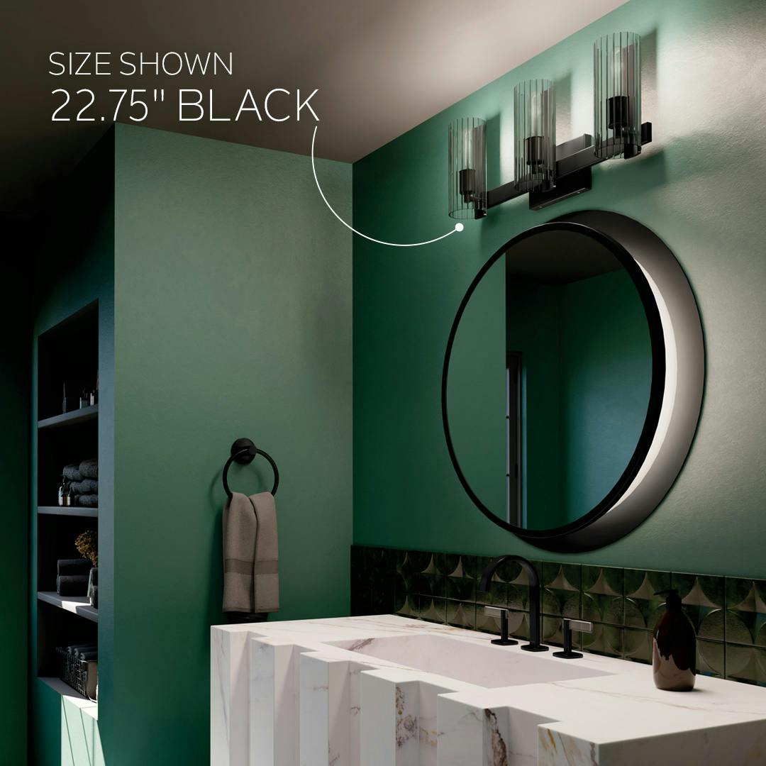 3 Light Jemsa Vanity Light in Black Shown Over a Bathroom Sink