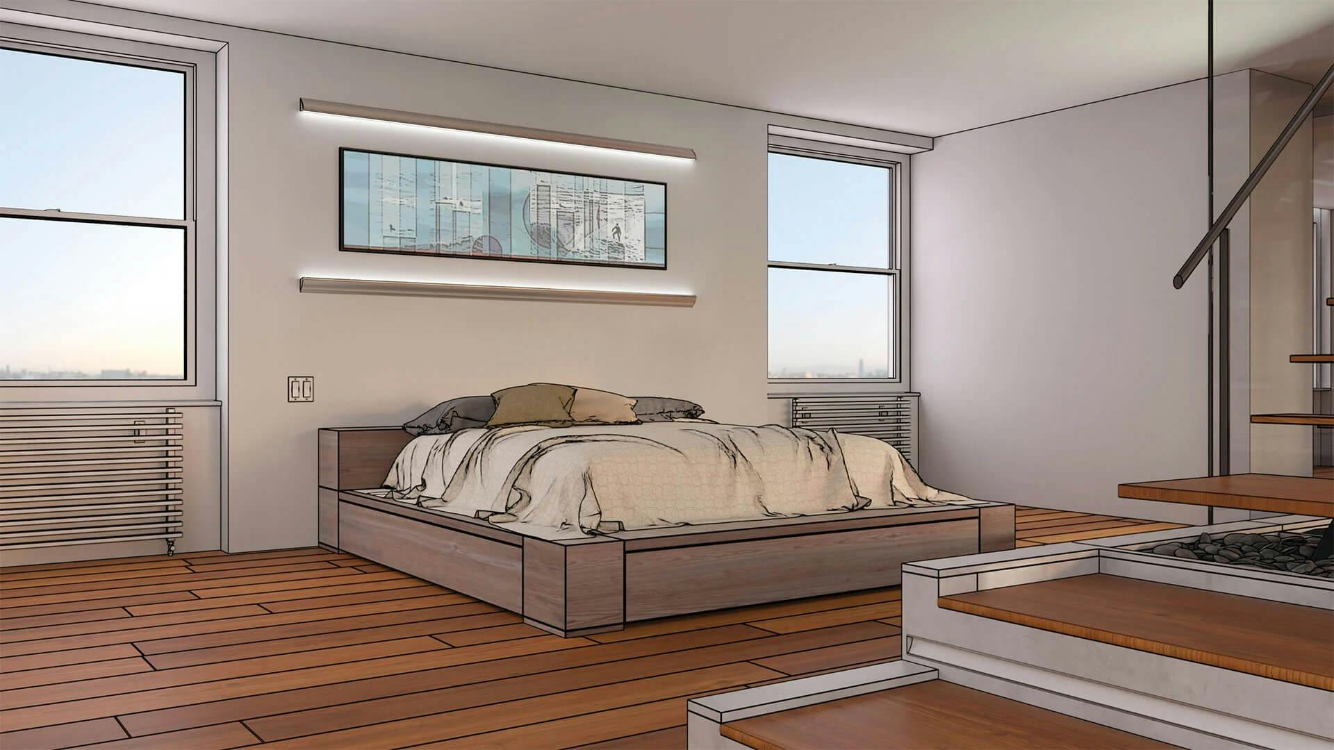 Illustration of a bedroom featuring tape channel lights above the bed.