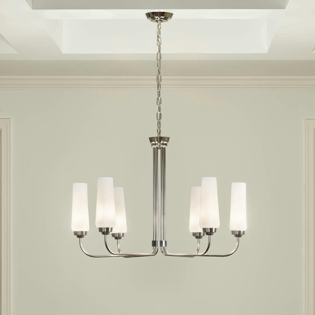 Night time dining room with Truby 6 Light Chandelier Polished Nickel