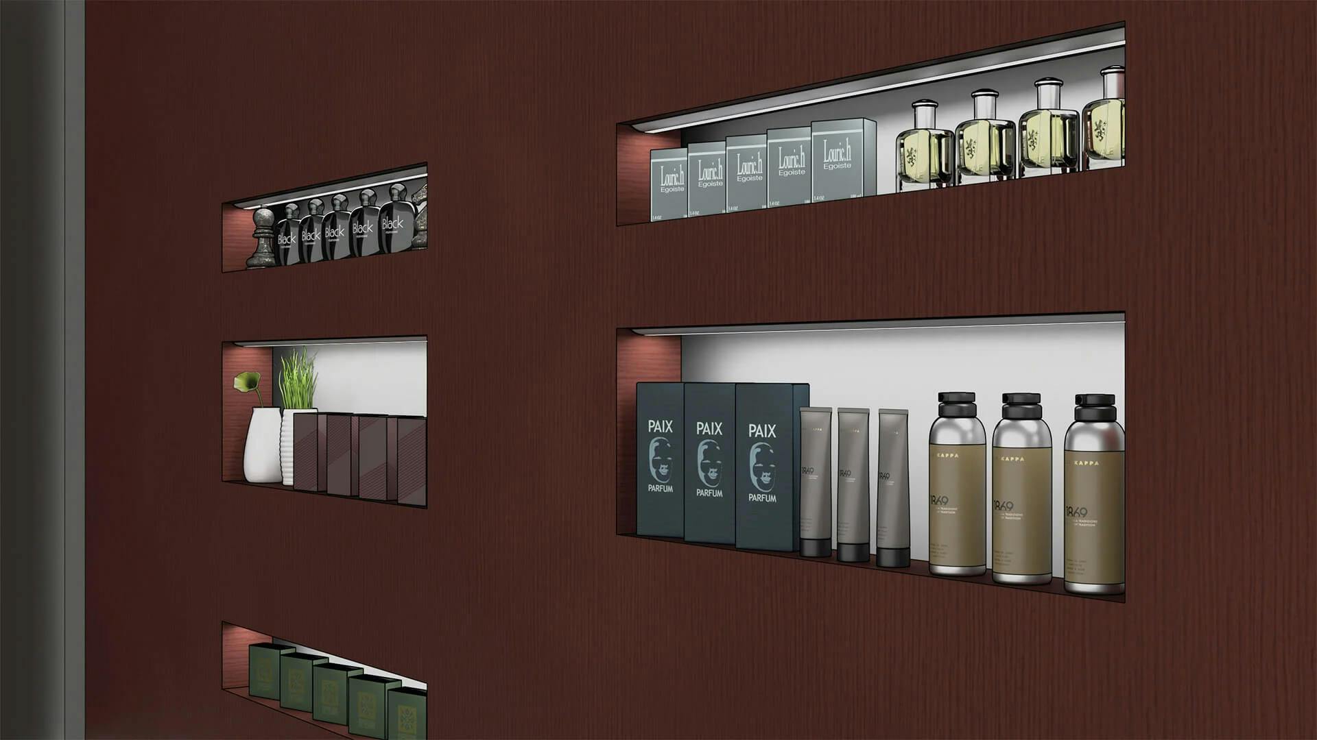 Shelves of products with cabinet lighting.