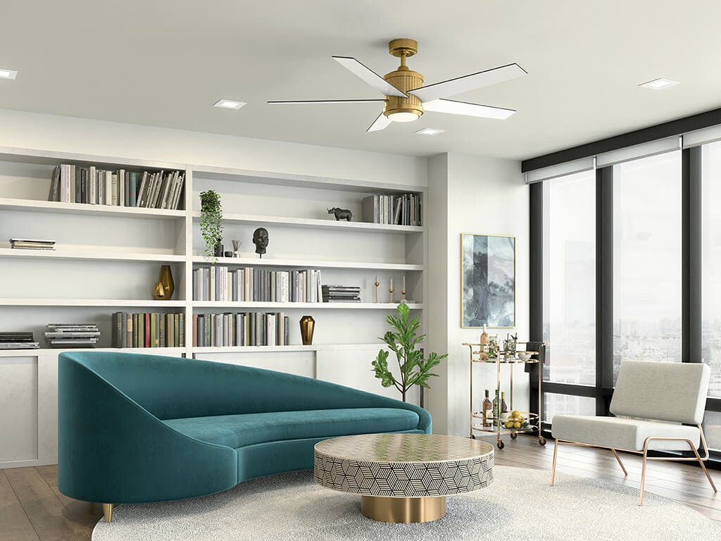 High rise apartment living room with built in book shelf and contemporary teal blue couch, featuring Brahm ceiling fan