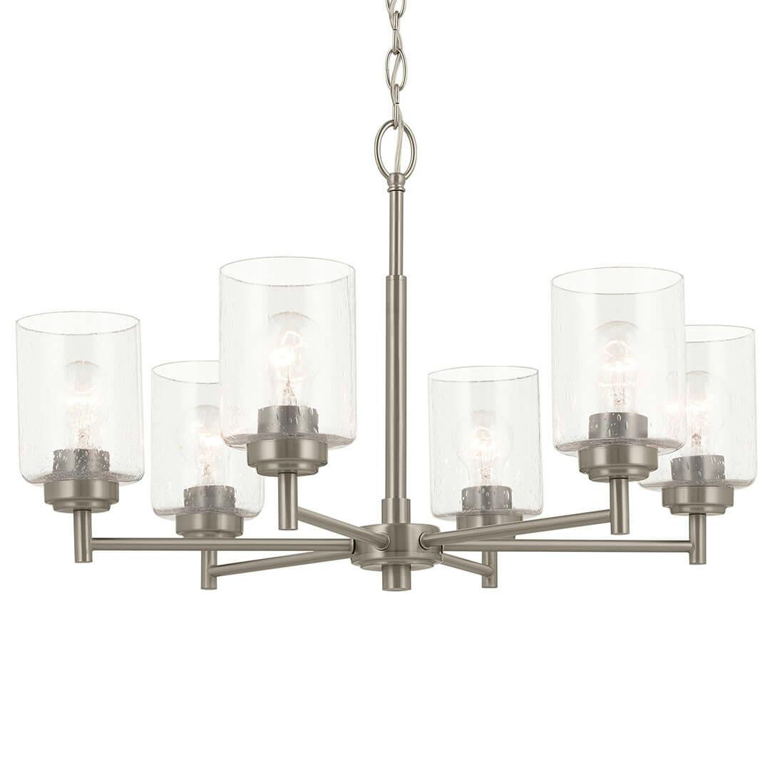 The Winslow 26-Inch 6 Light Chandelier with Clear Seeded Glass in Brushed Nickel on a white background